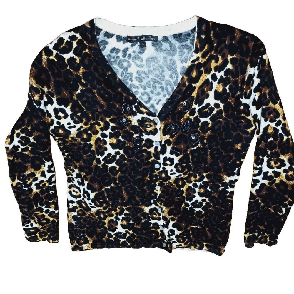 Pierri New York Sweater Womens Size Small Leopard Black Cardigan Rhinestones